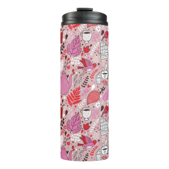 Tasty pattern with birds and flowers thermal tumbler (Front)