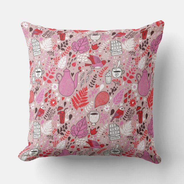 Tasty pattern with birds and flowers throw pillow (Front)