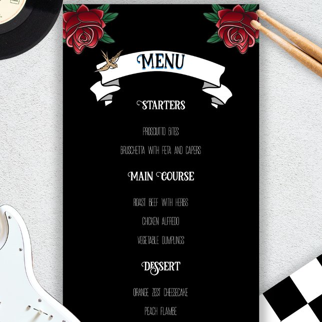 Tatouage noir et blanc Rockabilly Menu Mariage (Black and White Tattoo Rockabilly Wedding Menu)