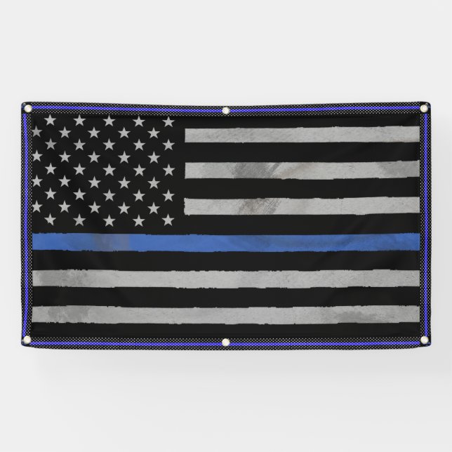 Tattered Distressed Thin Blue Line Flag Banner (Horizontal)