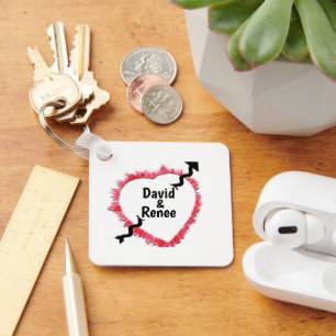 Tattered Red Heart Outline & Arrow Personalized Keychain