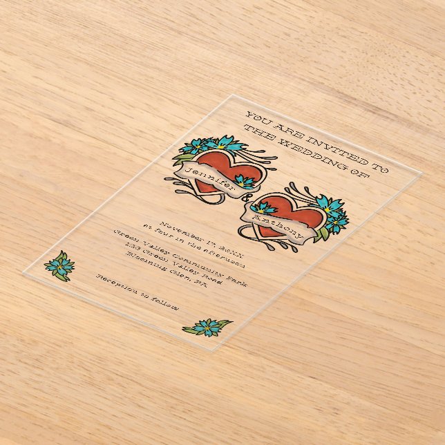 Tattoed Hearts Tattoo Graphic Wedding Acrylic Invitations (Laydown)