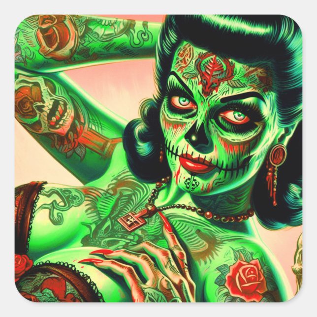 Tattoed Zombie Pin-up Square Sticker (Front)