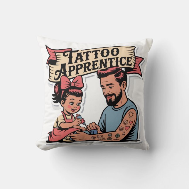Tattoo Apprentice – Cute Cartoon Dad & Daughter Throw Pillow (Front)