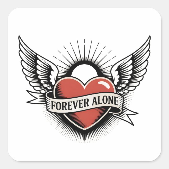 Tattoo Art: Winged Heart with "Forever Alone" Square Sticker (Front)
