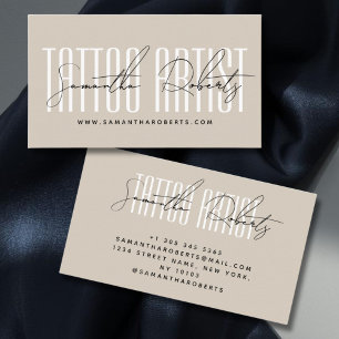 Tattoo artist modern typography script beige business card