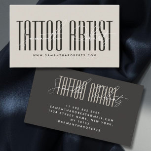 Tattoo artist modern typography script beige grey business card