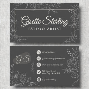 Tattoo Artist Moody Charcoal Grey Floral Modern Business Card