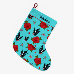 Tattoo Birds and Roses Rockabilly Patterned Large Christmas Stocking