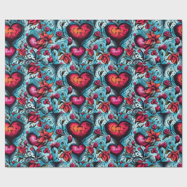 Tattoo Blue Hearts  Theme Wrapping Paper (Seam)
