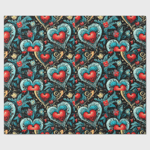 Tattoo Blue Red Hearts  Theme Wrapping Paper
