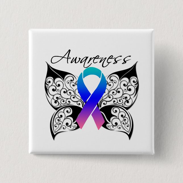 Tattoo Butterfly Awareness - Thyroid Cancer 2 Inch Square Button (Front)