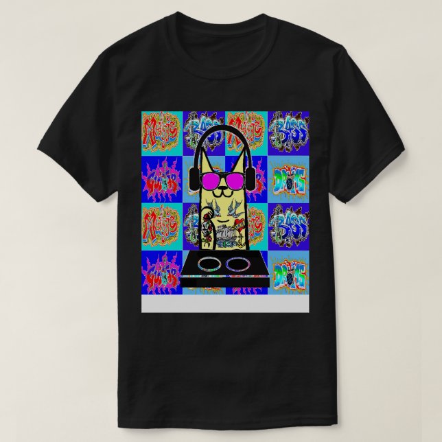 tattoo Cat Music Bass Guitar Drums Graffiti T-Shirt (Design Front)