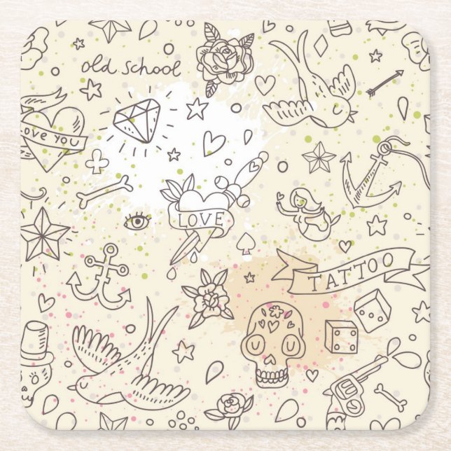 Tattoo concept pattern square paper coaster (Front)