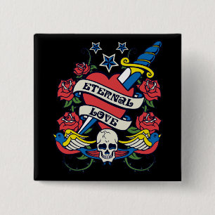 Tattoo Eternal Love Heart Knife Roses Skull Wings 2 Inch Square Button