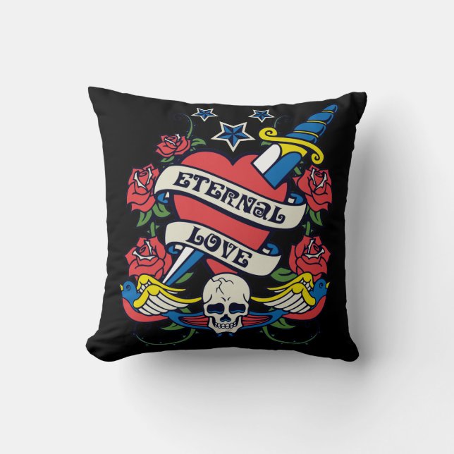 Tattoo Eternal Love Heart Knife Roses Skull Wings Throw Pillow (Front)