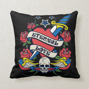 Tattoo Eternal Love Heart Knife Roses Skull Wings Throw Pillow