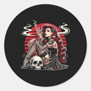 Tattoo Goth Pin-up Girl With Skull Vintage Horror Classic Round Sticker