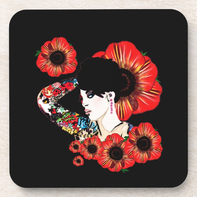 Tattoo inked girl among poppy flowers Art by LeahG Coaster (Front)