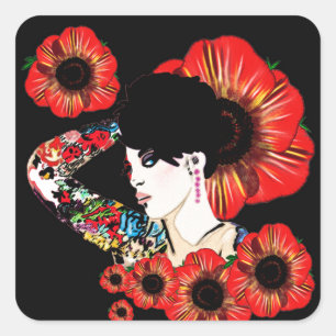 Tattoo inked girl among poppy flowers Art by LeahG Square Sticker