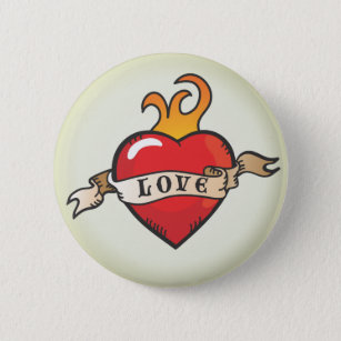 Tattoo Love Heart with flames and banner button
