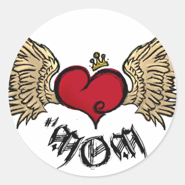 Tattoo Mom Crowned Heart with Wings Classic Round Sticker (Front)