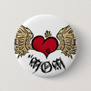Tattoo MOM Urban Crowned Heart With Wings 2 Inch Round Button