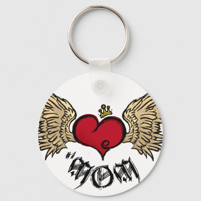 Tattoo MOM Urban Crowned Heart With Wings Keychain (Front)