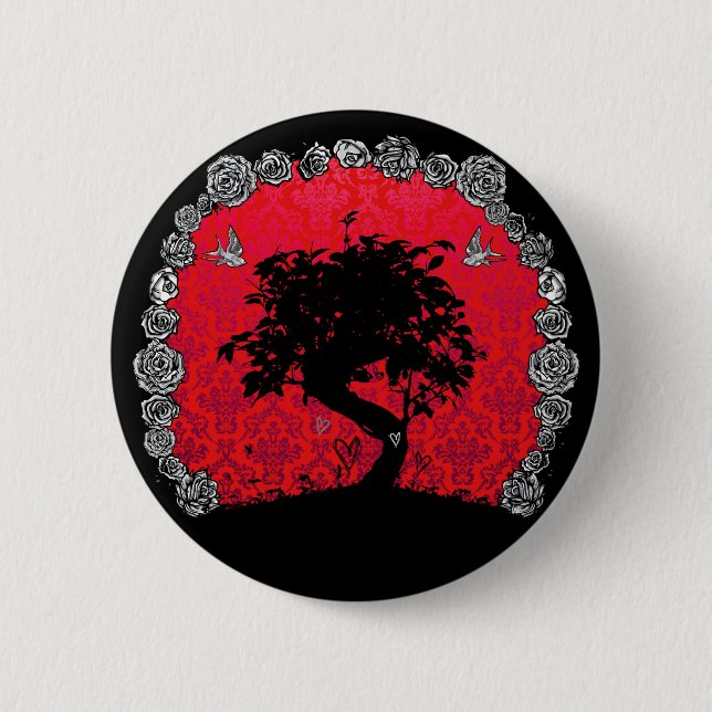 Tattoo Rose Bonsai Tree of Love Swallow 2 Inch Round Button (Front)