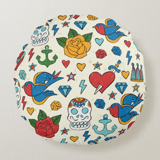 Tattoo seamless pattern.  round pillow (Front)
