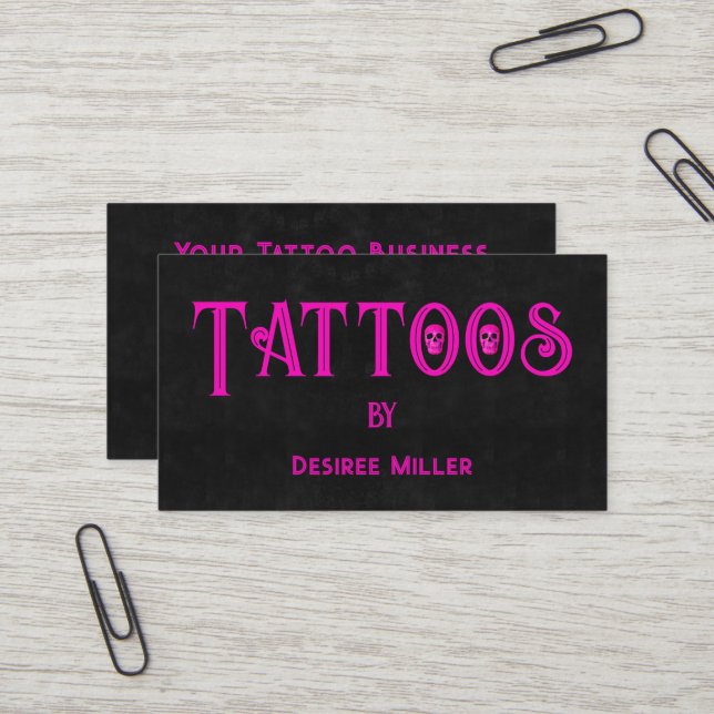 Tattoo Shop Girly Pink Black Skull Business Card (Front/Back In Situ)