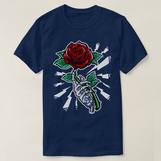 Tattoo Skeleton Hand Red Rose Flower  T-Shirt (Design Front)