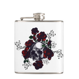Tattoo Skull and Red Roses Goth Flask