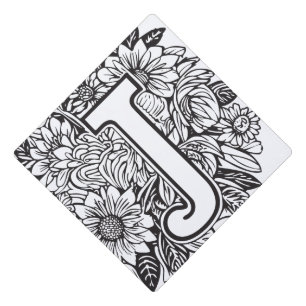 Tattoo-Style Black and White Monogram Ink Flowers Graduation Cap Topper