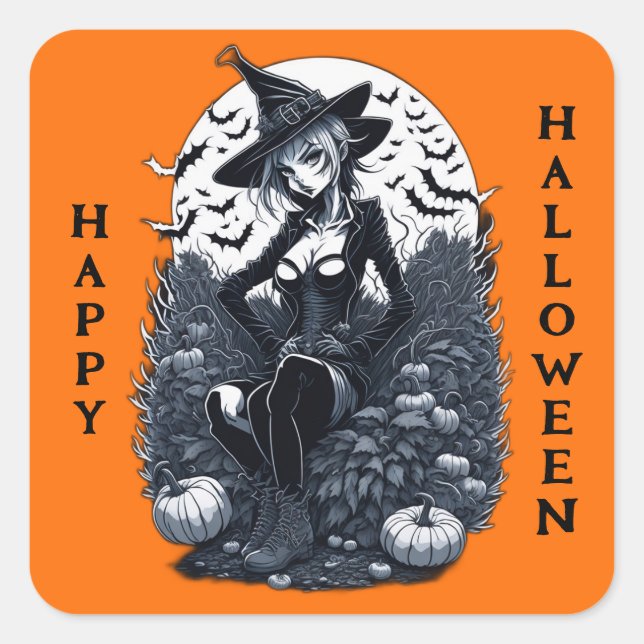 Tattoo Style Moonlit Witch Pumpkin Patch Square Sticker (Front)