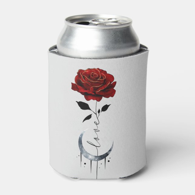 Tattoo-Style Red Rose & Crescent Moon with "Love" Can Cooler (Can Front)