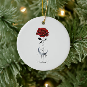 Tattoo-Style Red Rose & Crescent Moon with "Love" Ceramic Ornament
