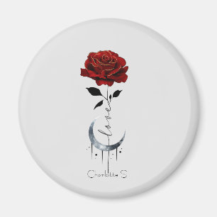 Tattoo-Style Red Rose & Crescent Moon with "Love" Magnet