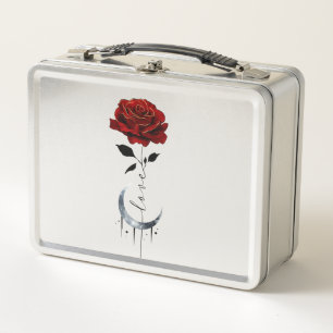 Tattoo-Style Red Rose & Crescent Moon with "Love" Metal Lunch Box