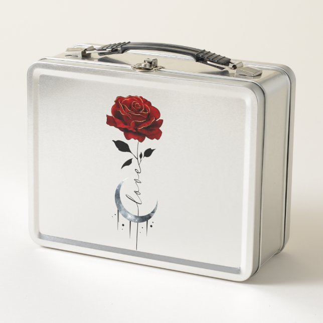 Tattoo-Style Red Rose & Crescent Moon with "Love" Metal Lunch Box (Front)