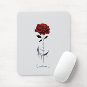Tattoo-Style Red Rose & Crescent Moon with "Love" Mouse Pad
