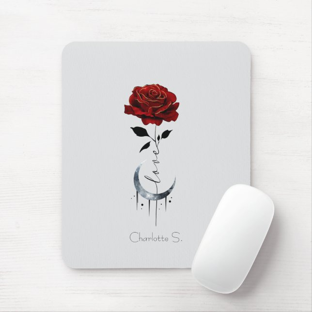 Tattoo-Style Red Rose & Crescent Moon with "Love" Mouse Pad (With Mouse)