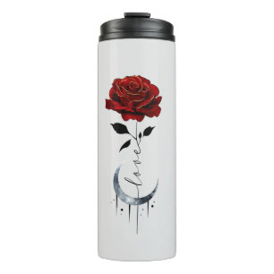 Tattoo-Style Red Rose & Crescent Moon with "Love" Thermal Tumbler