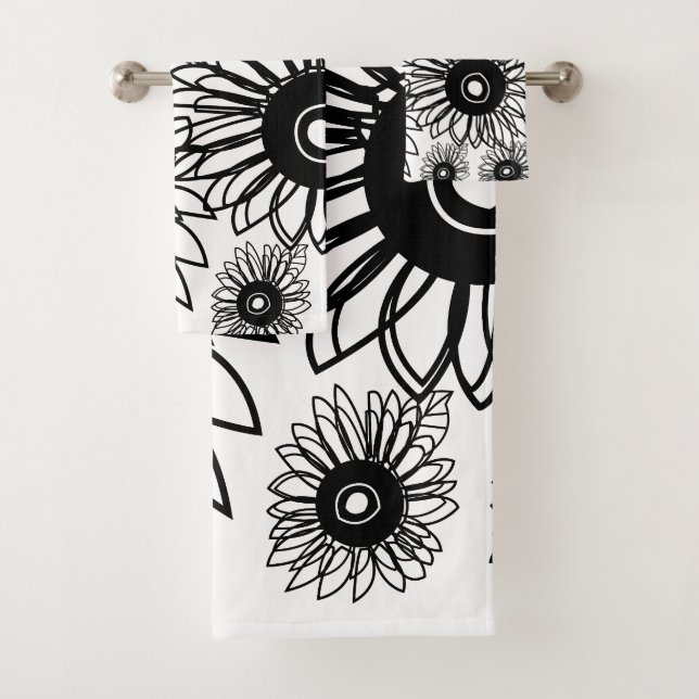 Tattoo Sunflower Floral Black White Tattoo Flower Bath Towel Set (Insitu)