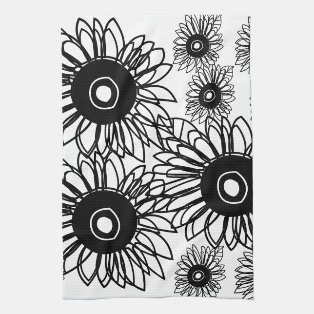Tattoo Sunflower Floral Black White Tattoo Flower Kitchen Towel (Vertical)