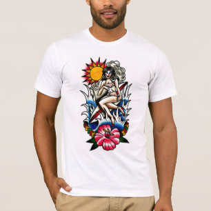Tattoo Surfer Pin-up Girl with Hibiscus Flower T-Shirt