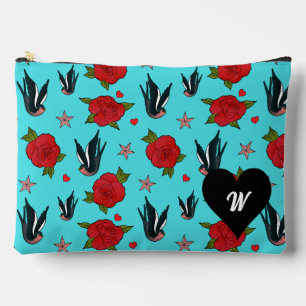Tattoo Swallow Birds and Roses Monogram Accessory Pouch