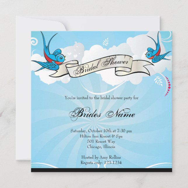 Tattoo Swallows and Scroll Bridal Shower Invite (Front)