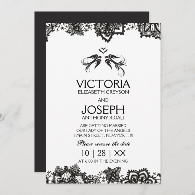 Tattoo Wedding Invite ~ Black Birds & Lace (Front/Back)