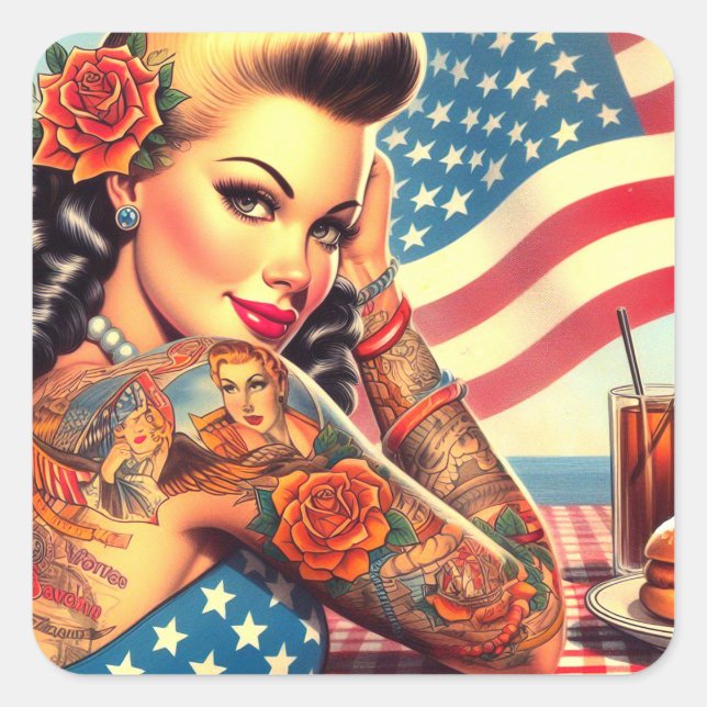 Tattooed American Girl Square Sticker (Front)